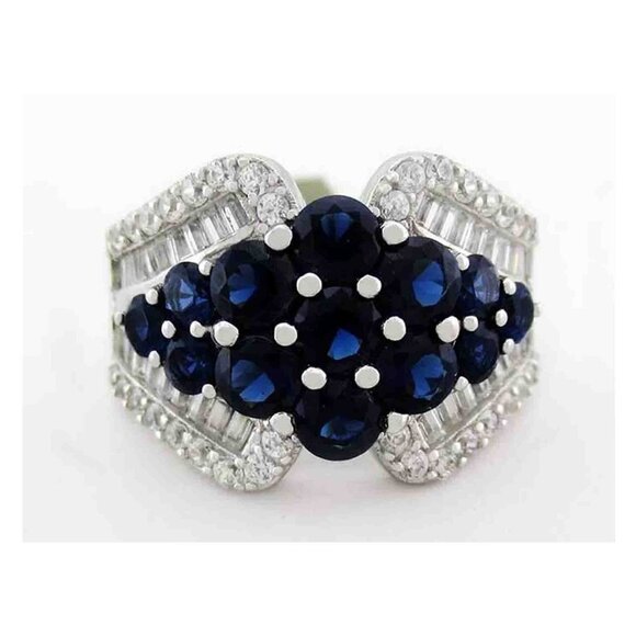 Created Blue Sapphire & White Sapphire Ring .925 Silver